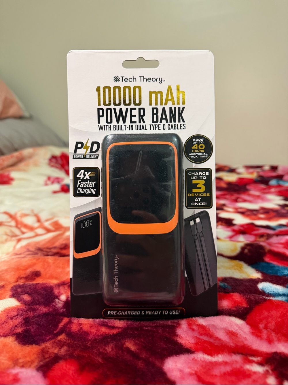 Tech Theory 10000 mAh Black & Orange Power Bank with Built-In Cables